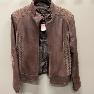 Elegant Brown Leather Jacket with Woven Accents
